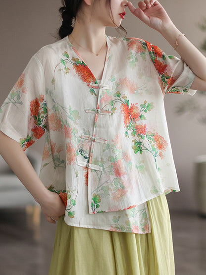 Artistic Retro Loose Ramie Cotton Buttoned Floral Printed Blouse