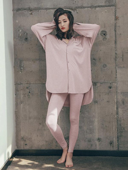 Leisure Solid Lapel Shirt Dress Pajama