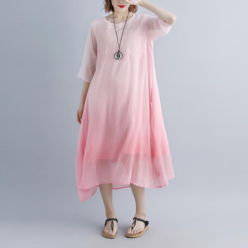 Fake Two-piece Pockets Retro Pink Summer Dress