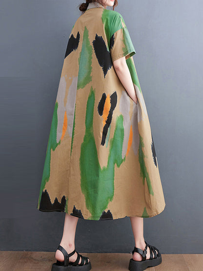 Artistic Retro Contrast Color Printed Midi Dress