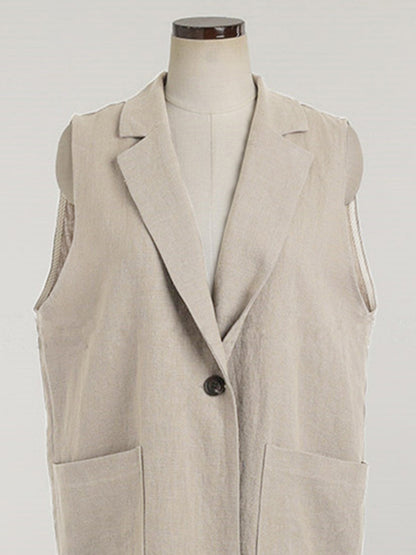 Simple Solid Color Split-Joint With Pocket Linen Notched Collar Vest Outwear