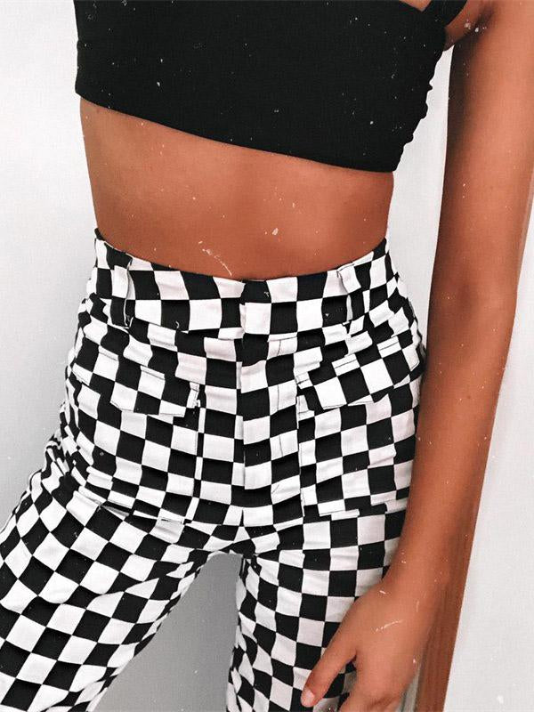 Contrast Color Black&White Plaid Loose Pants Bottoms