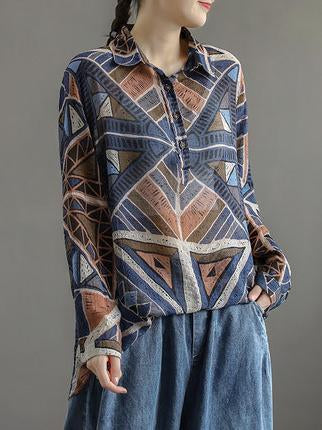 Artistic Retro Print Lapel Shirt Blouse Tops