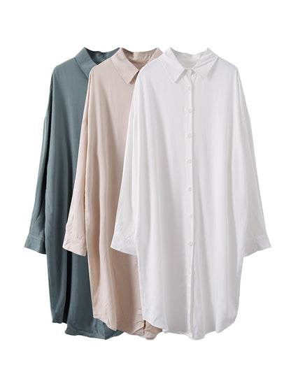 Simple Solid Color Buttoned Lapel Long Sleeves Shirt Dress