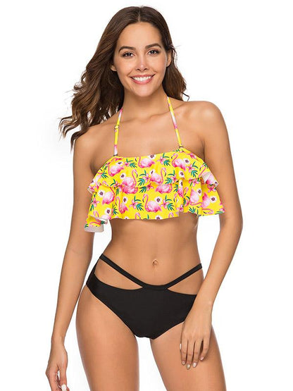 Flamingo Ruffled Top With Solid High Cut Bikini Set