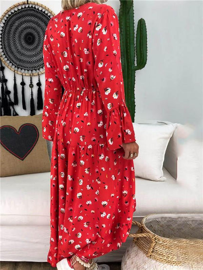 V-neck Floral Printed Long Sleeve Maxi Dress