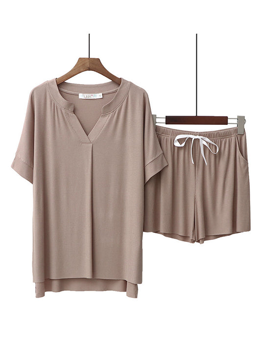 Casual Loose Solid Color Split-Joint Pleated V-Neck T-Shirt&Drawstring Shorts Pajama Set