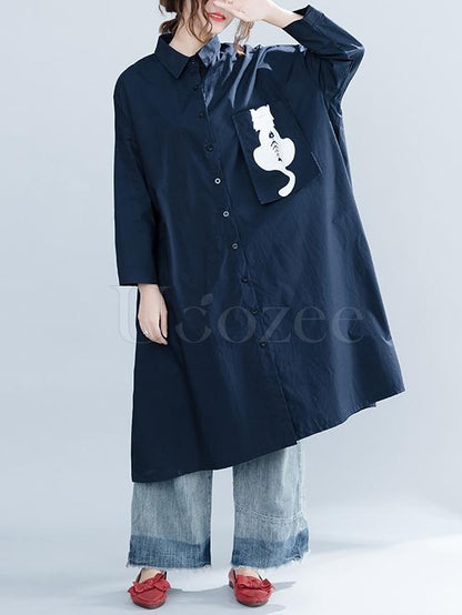 Navy-blue Loose Lapel Cat Print Blouse Dress