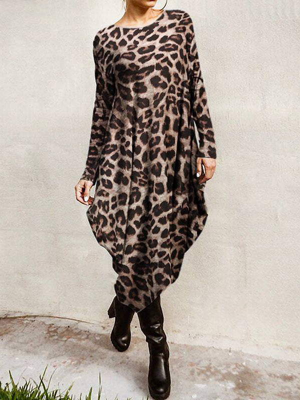 Loose Leopard Long-Sleeves High-Low Long Dress