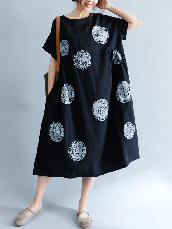 Black Polka-Dot Print Round-neck Midi Dress