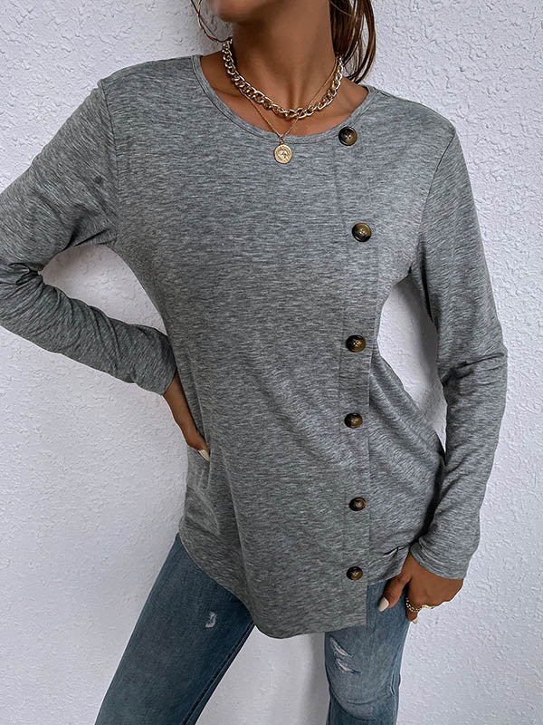 Casual Round-Neck Buttoned Asymmetric T-Shirt