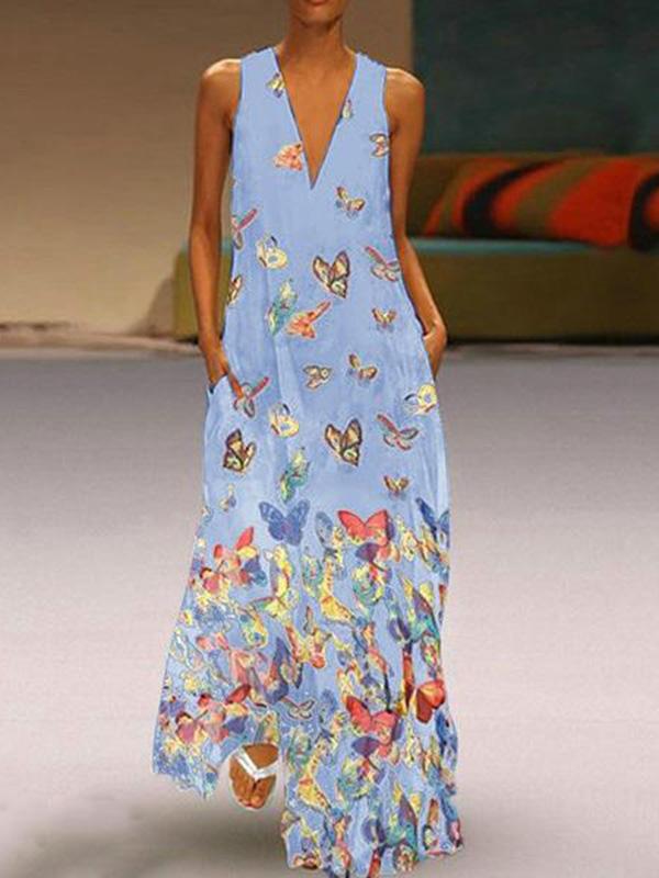 Butterfly Printed V-neck Maxi Dresses