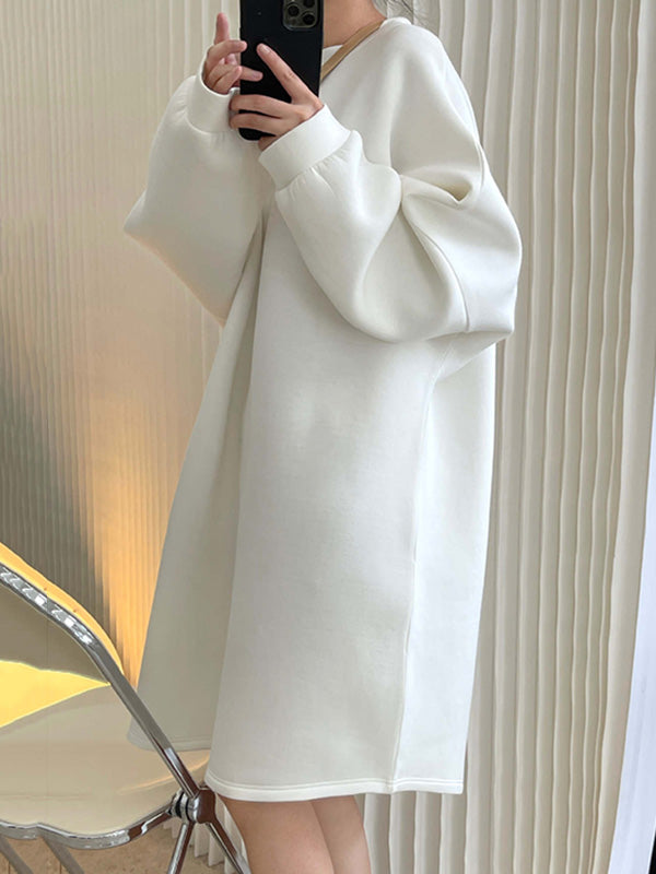 Simple Loose Solid Color Split-Joint Round-Neck Long Sleeves Midi Dress