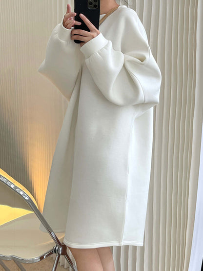 Simple Loose Solid Color Split-Joint Round-Neck Long Sleeves Midi Dress