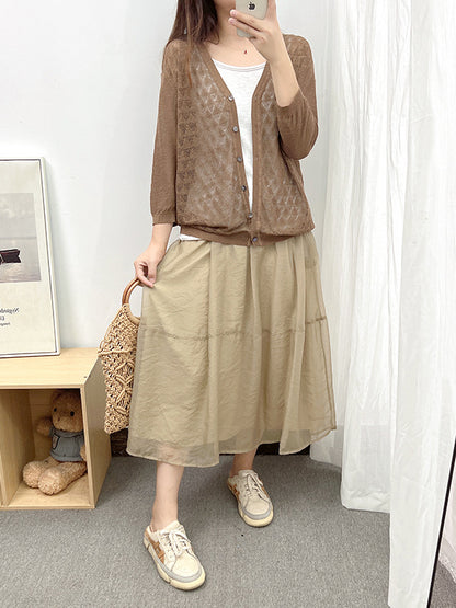 Loose Solid Color Linen Hollow Knitting Cardigan Top
