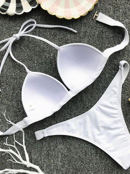 Plain Halter Narrow Straps Cami Bikini Swimsuit