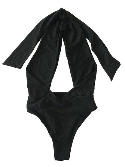 Solid Bandage Halter-Neck One-Piece Swimwear