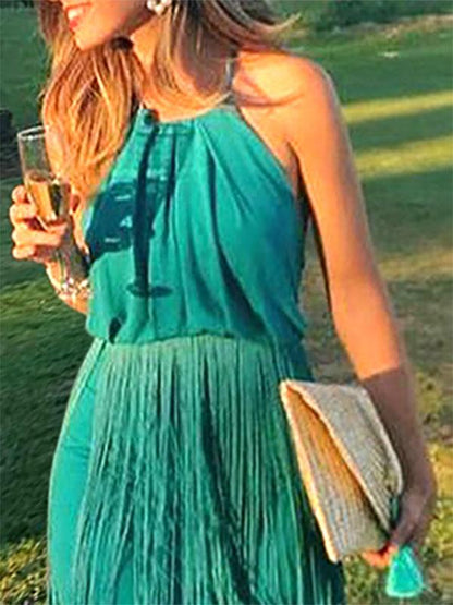 Halter-neck Tasseled Split-joint Maxi Dress