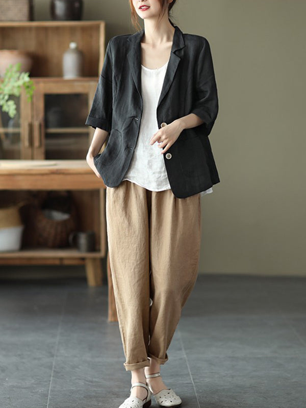 Urban Simple Solid Color Notched Collar Half Sleeves Blazer