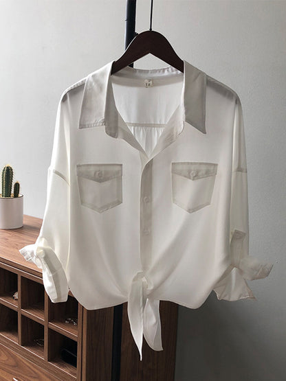 Urban Simple Solid Color Buttoned Split-Joint With Pocket Lapel Collar Long Sleeves Blouse