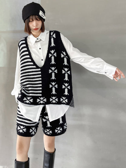 Fashion Printed Knitting  Vest & Shorts Separately 2 Pieces Set