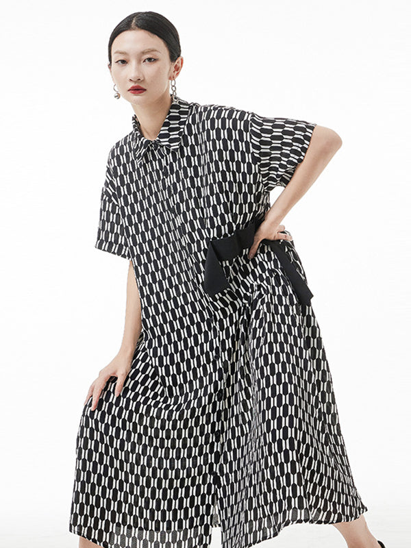 Original Loose Rhombic Printed Midi Shirt Dress