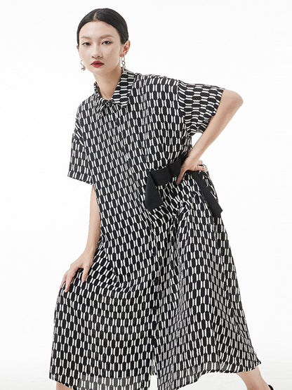 Original Loose Rhombic Printed Midi Shirt Dress