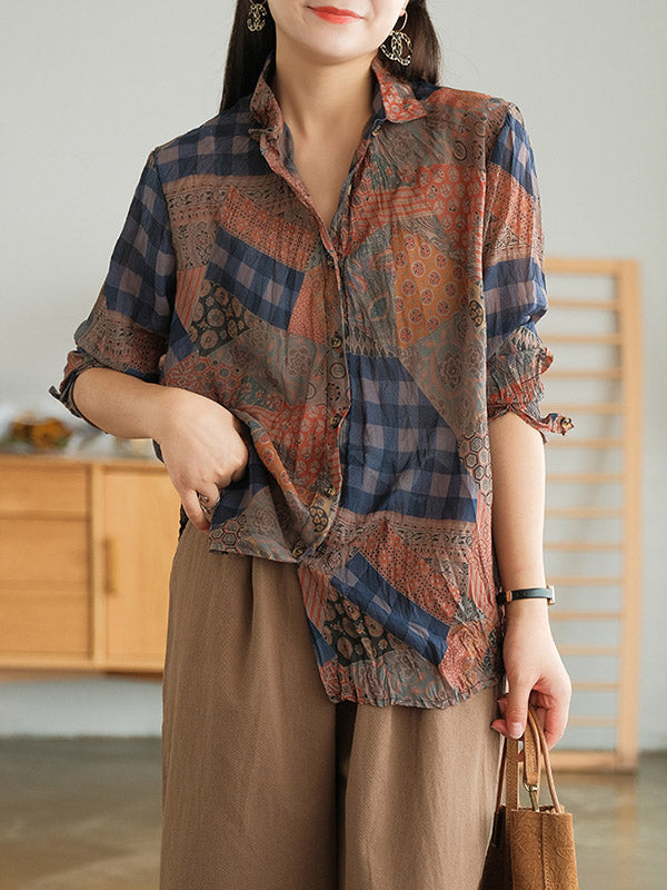 Vintage Printed Buttoned Pleated Lapel Long Sleeves Blouse Tops