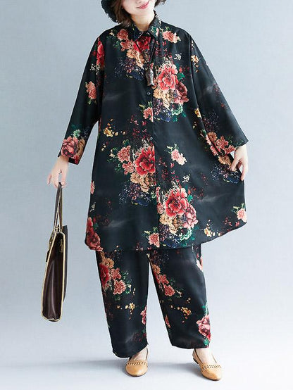 Loose Black Flower Print Lapel Long Sleeves Blouse + Pants Suits