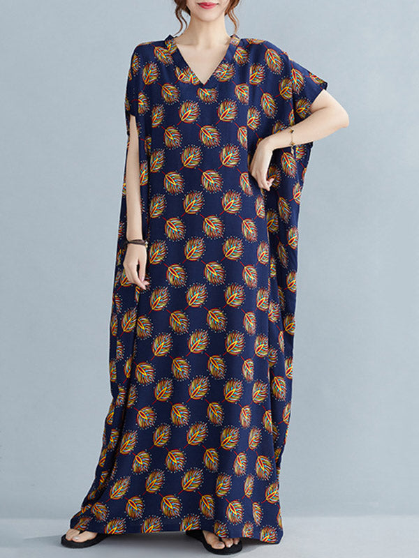 Vintage Printed V-Neck Batwing Short Sleeves Maxi Dress