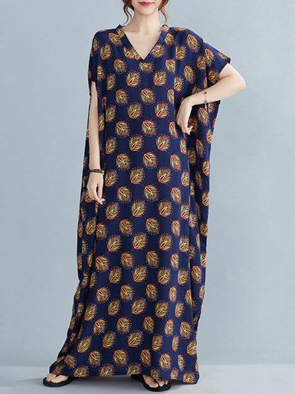 Vintage Printed V-Neck Batwing Short Sleeves Maxi Dress