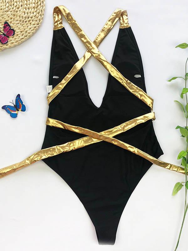 Split-Joint Bronzing Bandage Backless Split Bikini Swimsuit