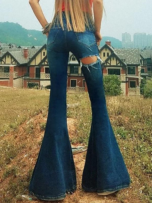 Denim Leg Shredded Bell-Bottom Pants