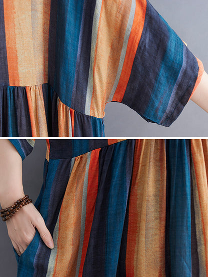 Colorful Stripe Split-Joint Round-Neck Long Dress