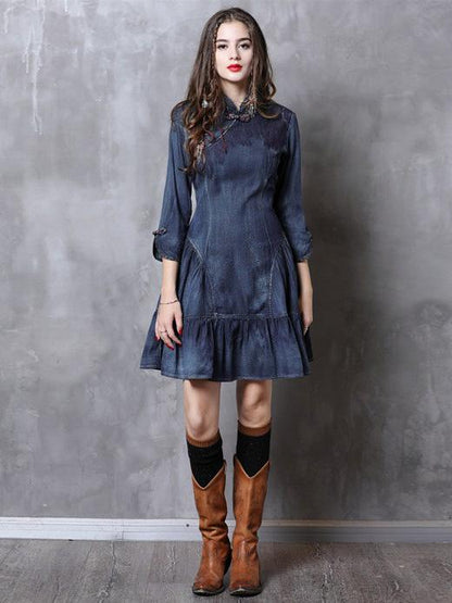 Vintage Falbala Short Cheongsams Denim Dress