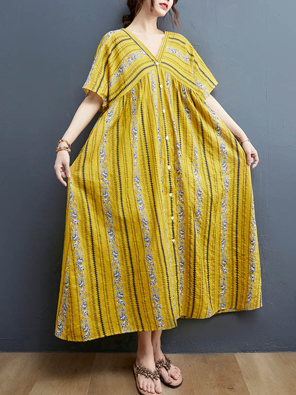 Floral Printed Casual V-Neck Buttoned Midi Dress