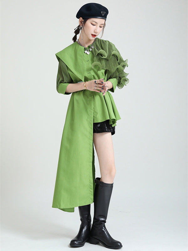 Stylish Irregular 4 Colors Split-Joint Pleated Mesh Falbala Buttoned Lapel Collar Bishop Sleeves Blouse