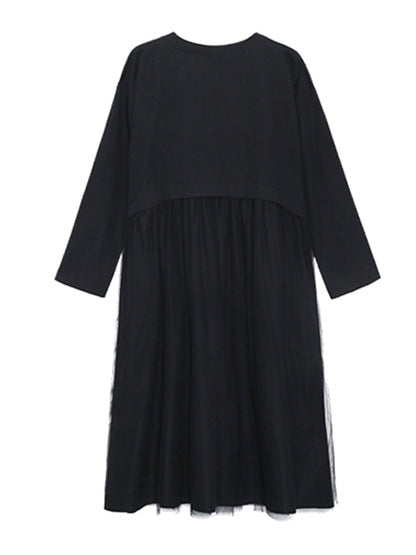 Stylish Split-Joint Pleated Polka-Dot Round-Neck Long Sleeves Midi Dress