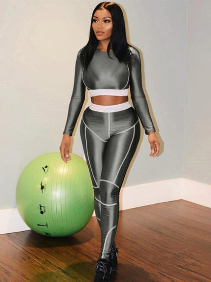 Line Printed Long Sleeves Tee and Fitness Legging Suits