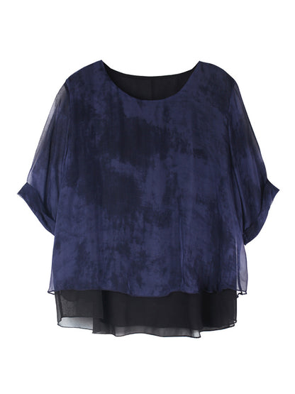 Artistic Retro Mulberry Silk Loose Printed Round-Neck Half Sleeves T-Shirt Tops