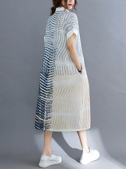 Original Printing Lapel Short Sleeve Split-Joint Shirt Dress