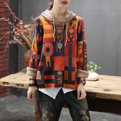 Buykud Retro Pullover Printed Loose Knitted Hoodie