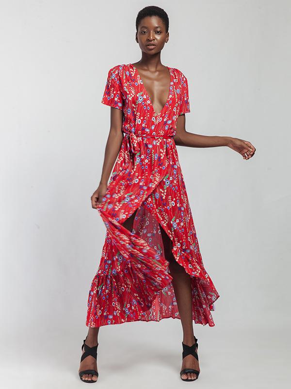 V-neck Floral Cut Irregular Hem Maxi Dress