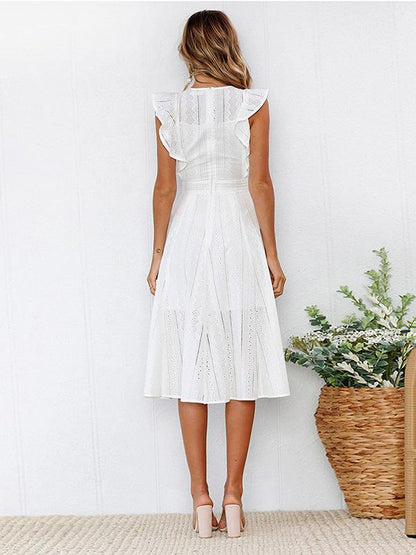 Lace Hollow Fuffled Irregular Midi Dress
