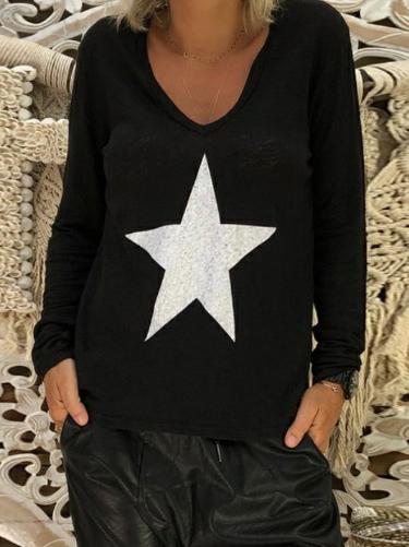 Printed V-neck Long Sleeve T-Shirt