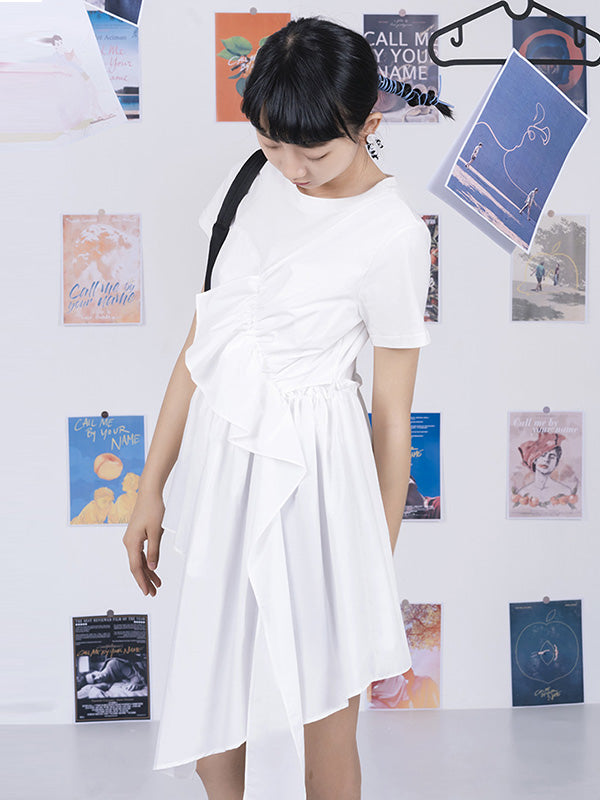 Fashion White Pleats Asymmetric Split-Joint Round-Neck T-Shirts Top