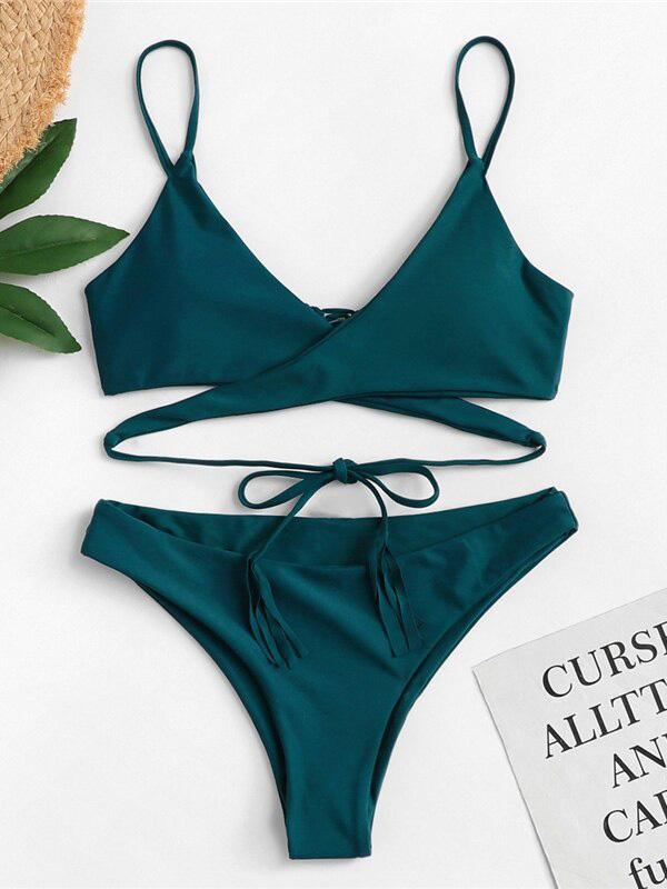 Solid Lace-Up Bikini Swimsuit