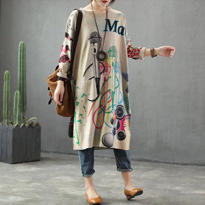 Buykud Round Collar Printed Loose Long Sleeve Dress