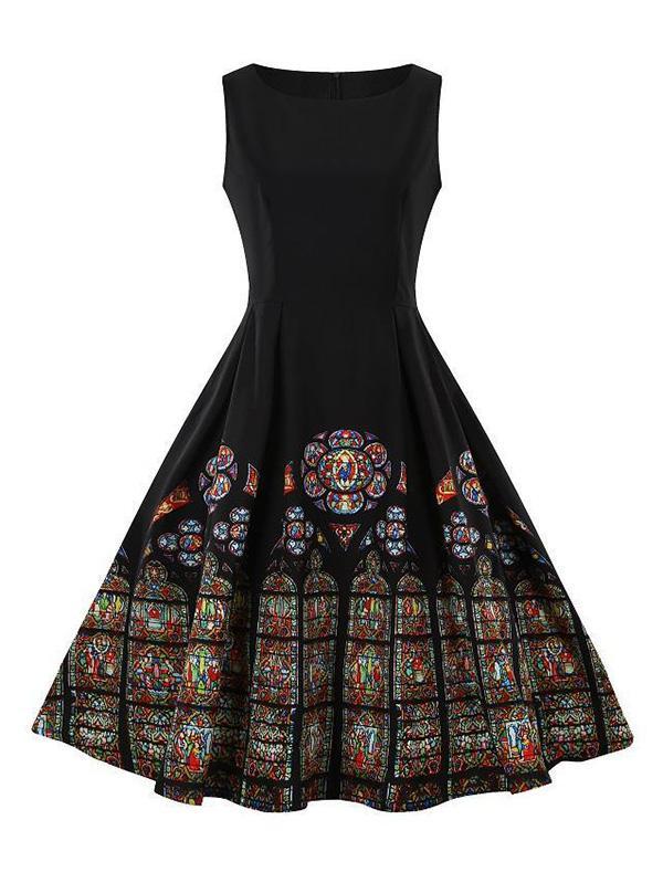 Vintage Printed Sleeveless Midi Dresses