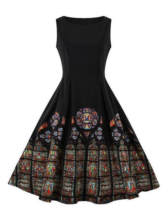 Vintage Printed Sleeveless Midi Dresses